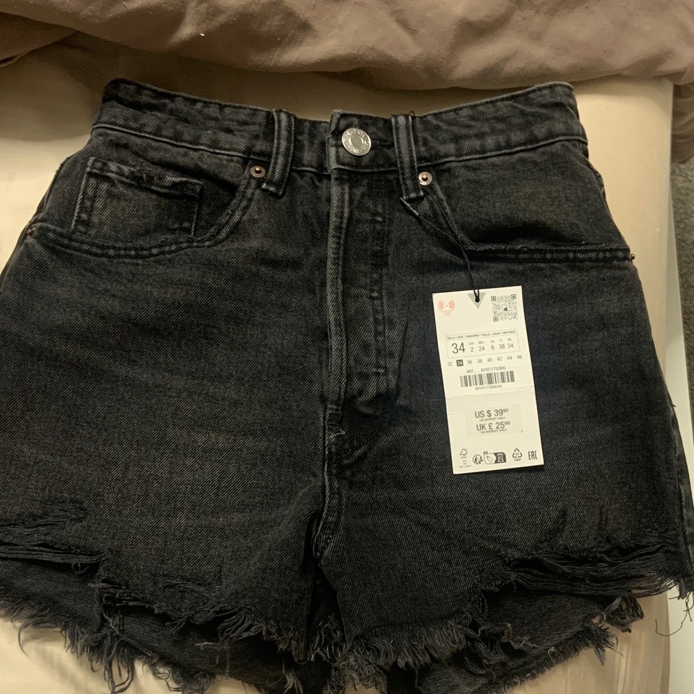 Zara Black Distressed High-Rise Denim Shorts